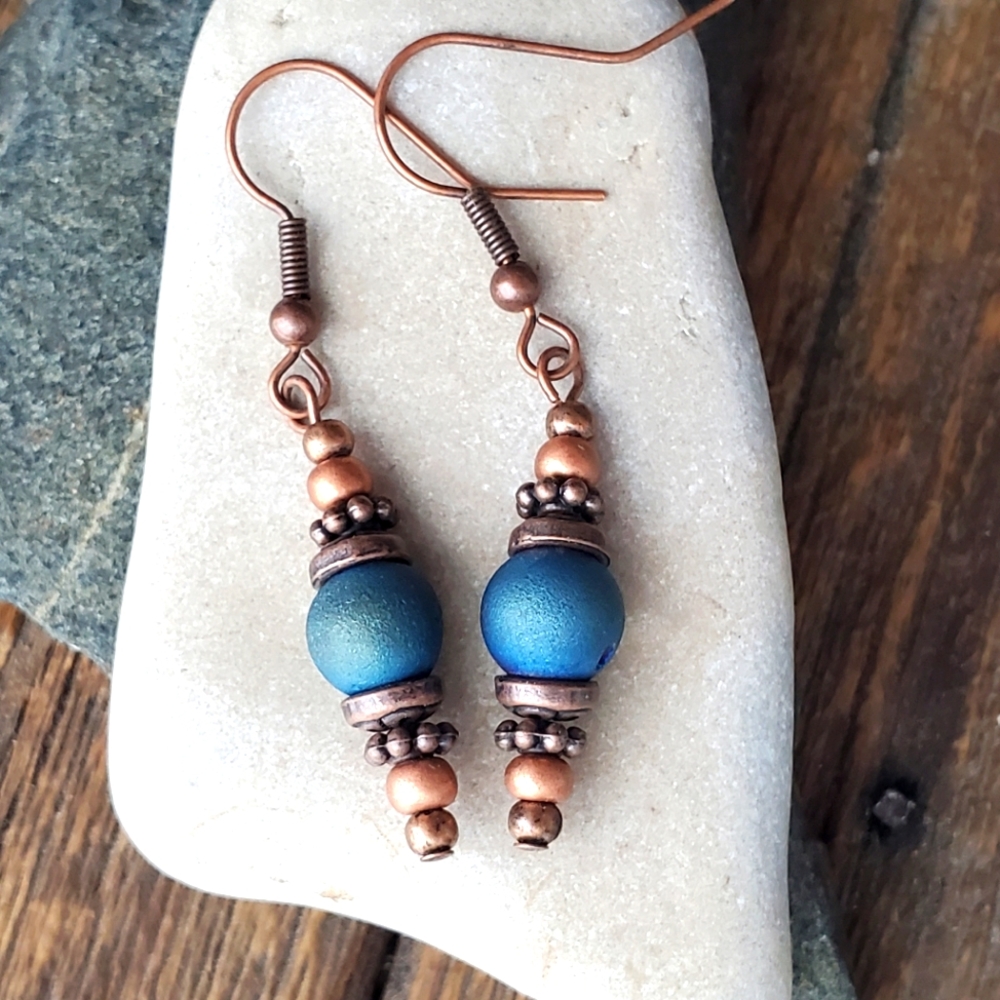 Handmade Drop Earrings in Copper and Titanium Coated Quartz in Metallic Blue